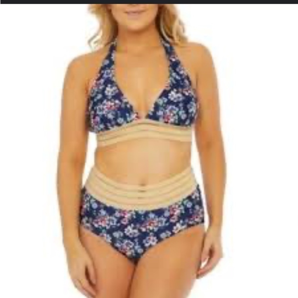 Nicole Miller Navy Floral Metallic Shimmer High Waisted Bikini Swimsuit Medium